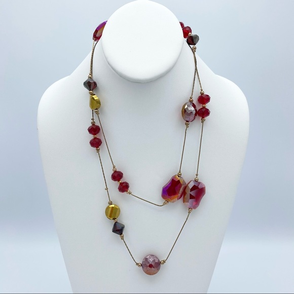 Vintage Red Aurora Borealis Glass Beads Gold Tn Nk - Picture 1 of 13